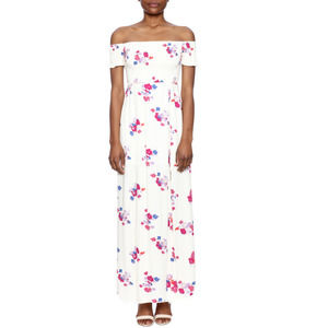 MINKPINK Falling Bloom Floral Smocked Off The Shoulder Maxi Dress White Pink  L